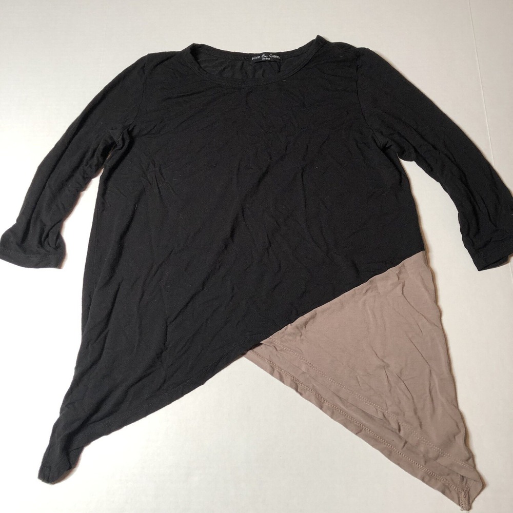 Kim & Cami Black Brown Asymmetric 3/4 Sleeve Top Women's Sz M A3776